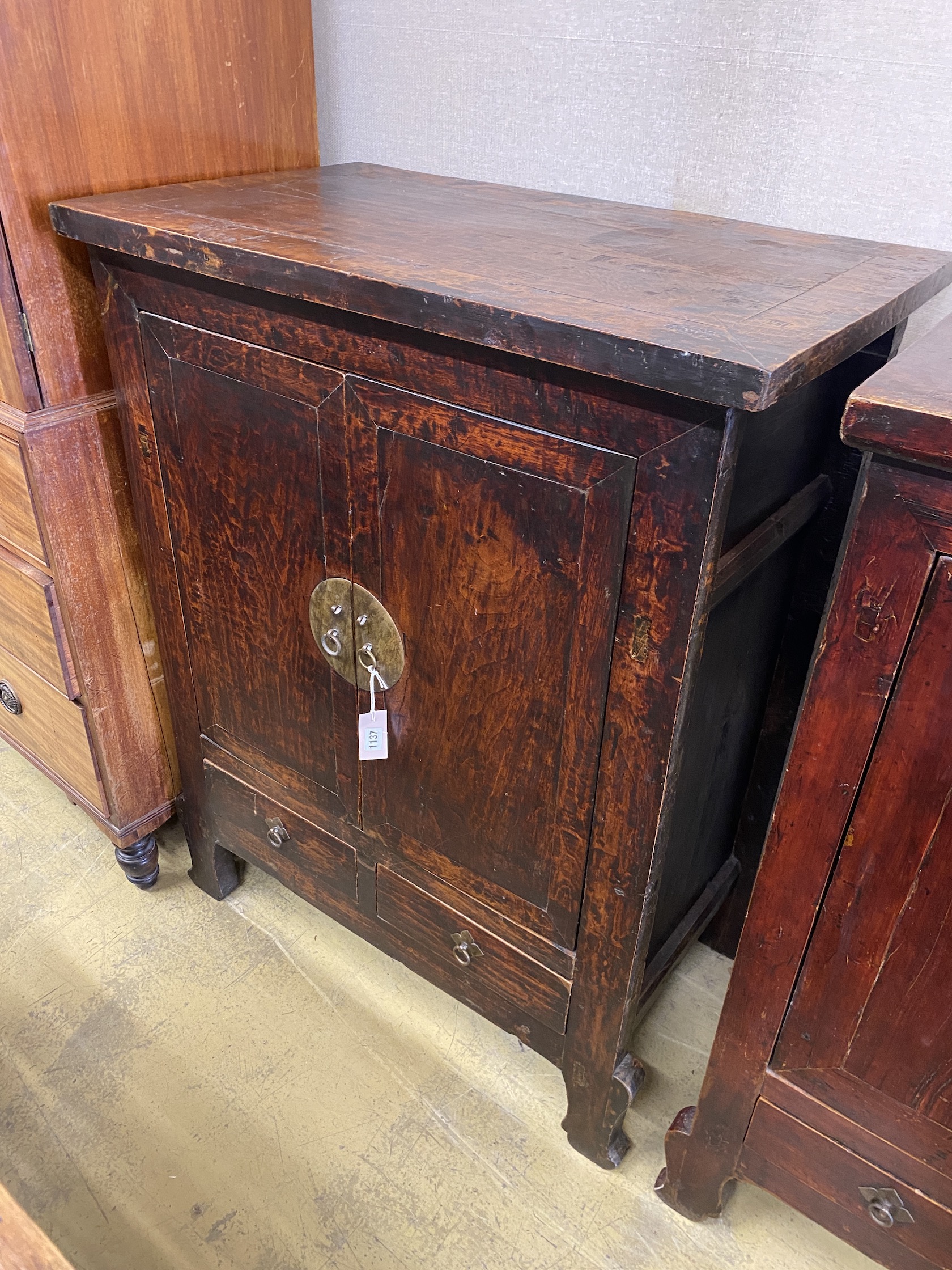 A near pair of Chinese hardwood lacquer side cabinets, larger width 91cm, depth 55cm, height 117cm